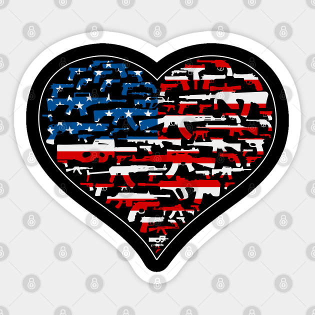 Heart shape made of guns, american flag, black Sticker by HEJK81